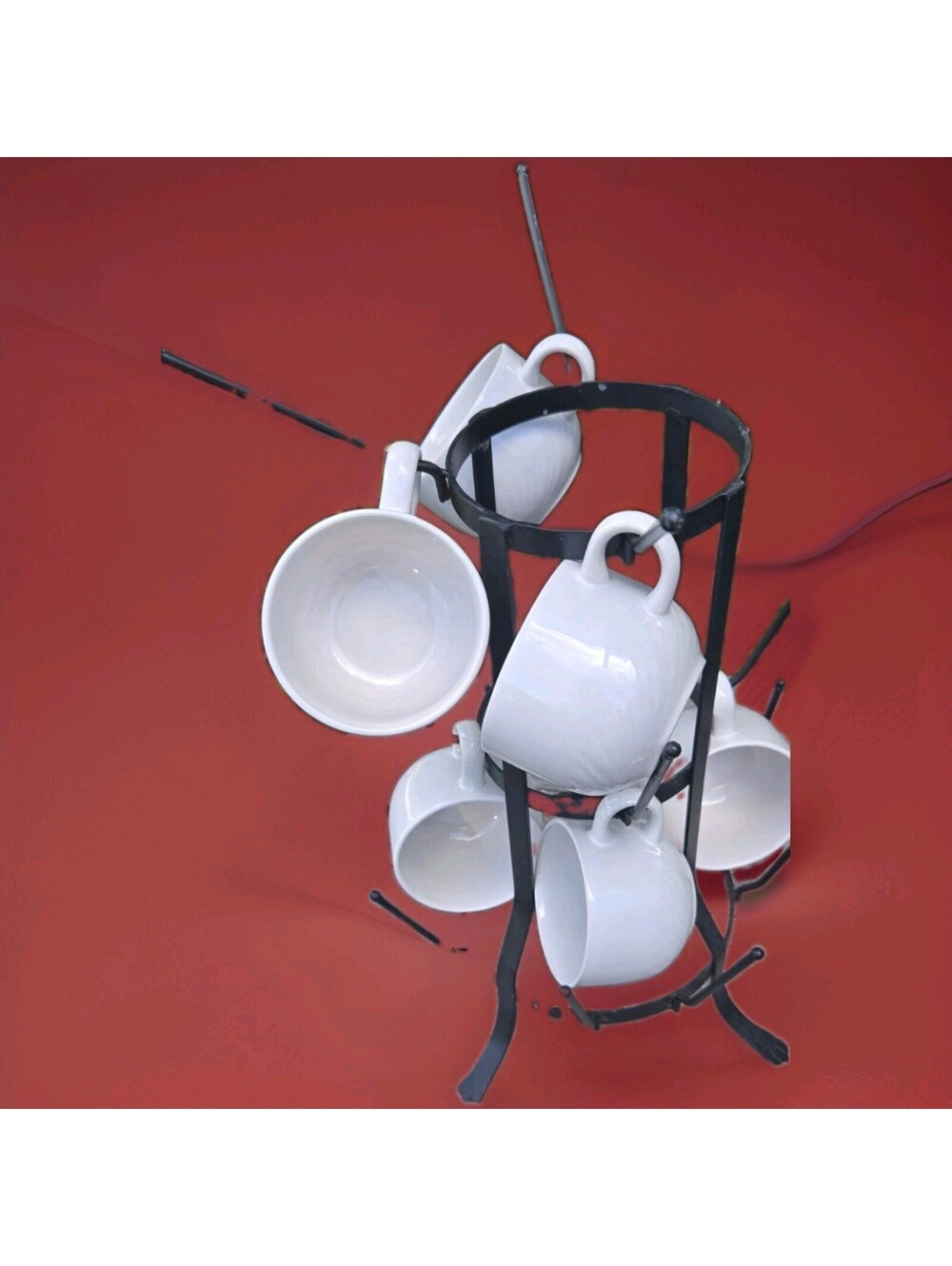 6 PC SET of White 8oz RS China Flat Cups & Black Wrought Iron Mug Tree Holds 15